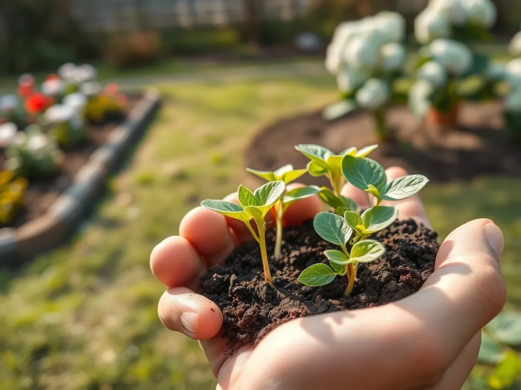 Ogrodnik trzyma zdrowe sadzonki hortensji nad wilgotną glebą na tle wiosennego ogrodu z kwitnącymi hortensjami.