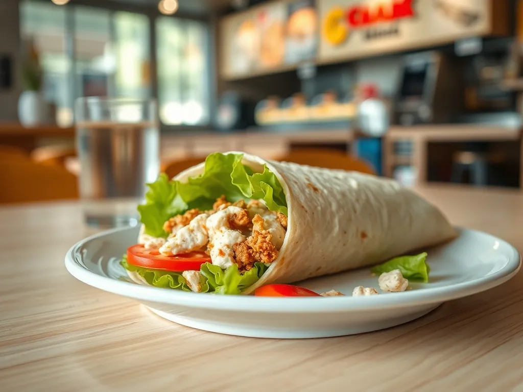 Tortilla iTwist KFC z chrupiącym kurczakiem i warzywami na talerzu, apetyczna porcja przed analizą kaloryczności