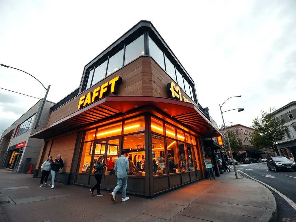 Nowoczesny lokal fast food oświetlony ciepłym światłem, z ludźmi wchodzącymi i wychodzącymi, w miejskiej scenerii o zmierzchu.