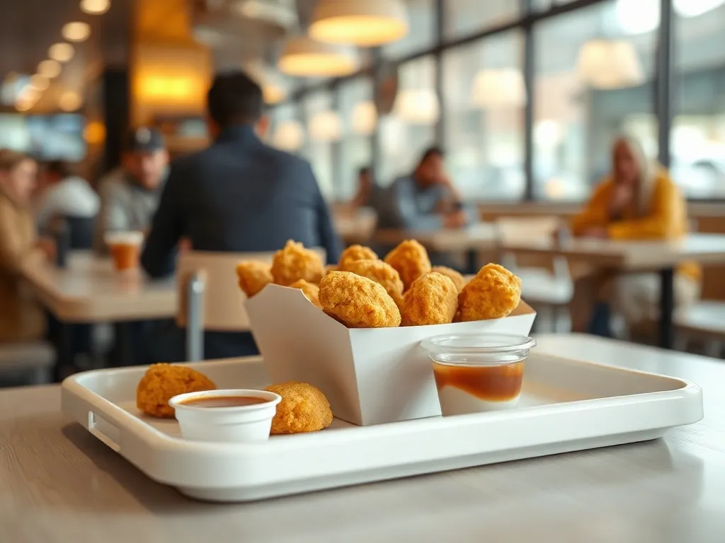 Porcja 9 złocistych nuggetsów z sosem na jasnej tacy w nowoczesnym, jasno oświetlonym wnętrzu McDonald’s.