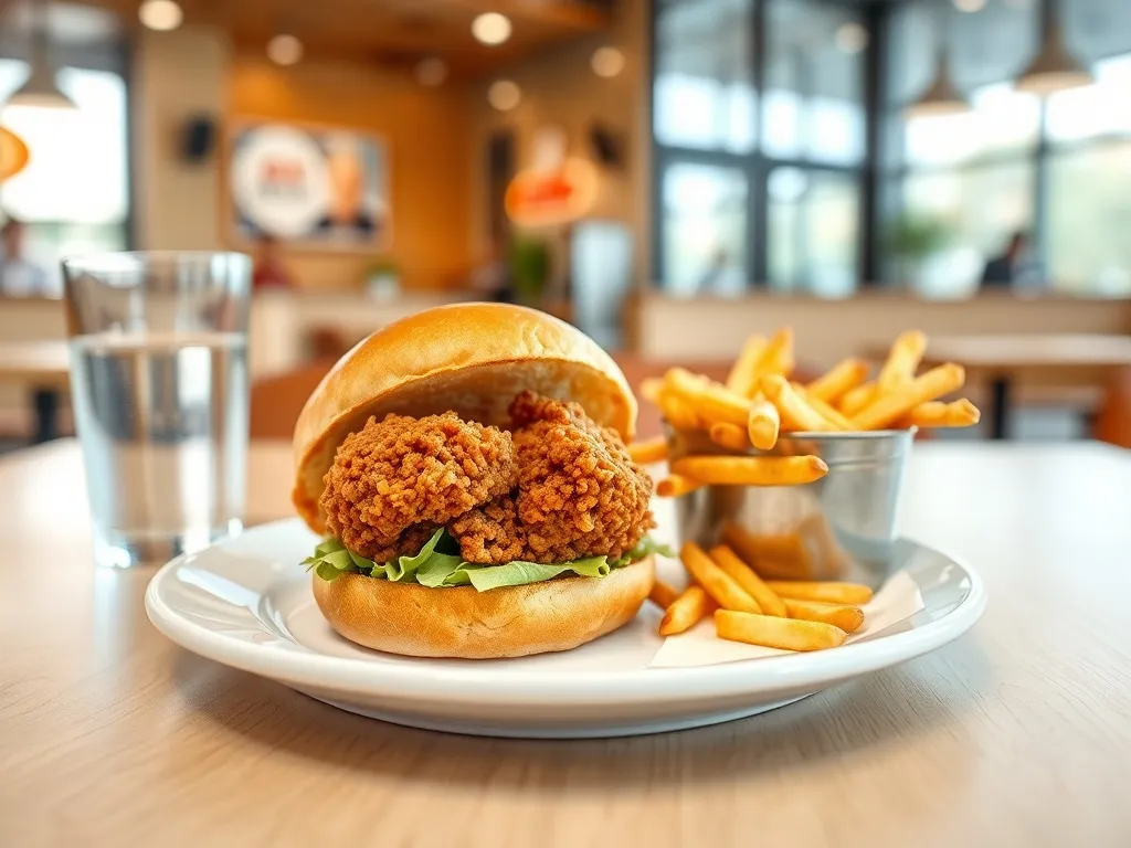 Zestaw fast food: kanapka z chrupiącym kurczakiem, frytki i woda, ilustrujące kaloryczność Longera z KFC.