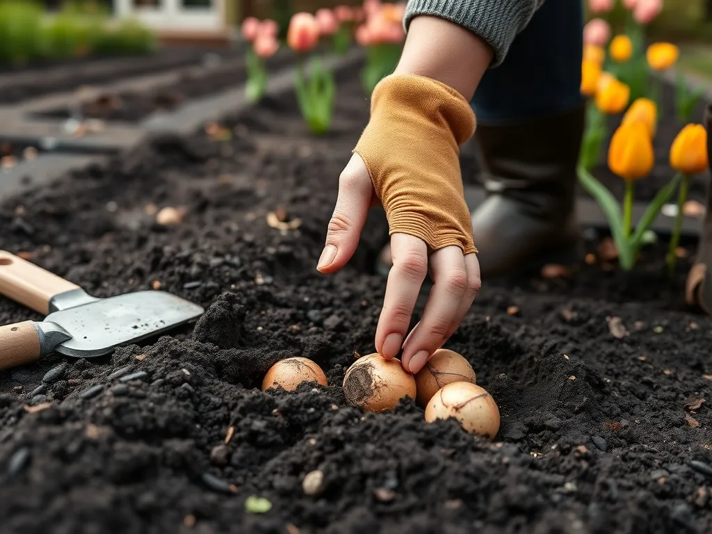 Ręce ogrodnika sadzące cebulki tulipanów w wilgotnej ziemi, w tle rabata z kwitnącymi tulipanami w ciepłych kolorach