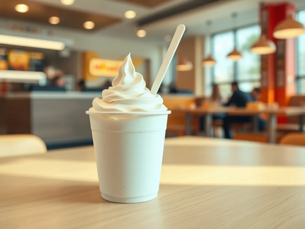 Kremowy McFlurry w białym kubku na stoliku w nowoczesnej restauracji McDonald’s, ukazany w przyjemnym, jasnym świetle