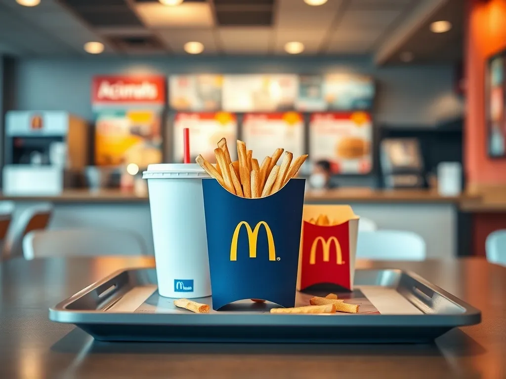 Zestaw w McDonald’s z napojem, frytkami i burgerem na tacy, ustawionej na stole w jasnym, nowoczesnym wnętrzu lokalu.