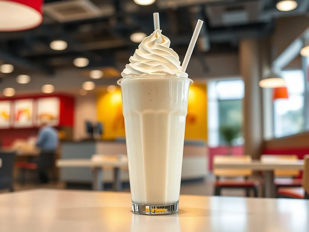 Duży shake waniliowy w przezroczystym kubku na stole w jasnej restauracji McDonald’s, gotowy do zamówienia.