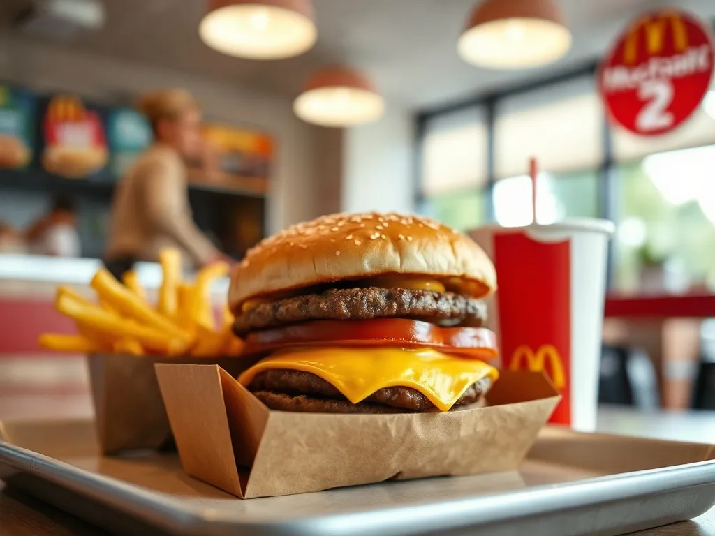 Soczysty Big Mac w pudełku z frytkami i napojem w tle, w nowoczesnej restauracji McDonald’s, zachęcający do zakupu.