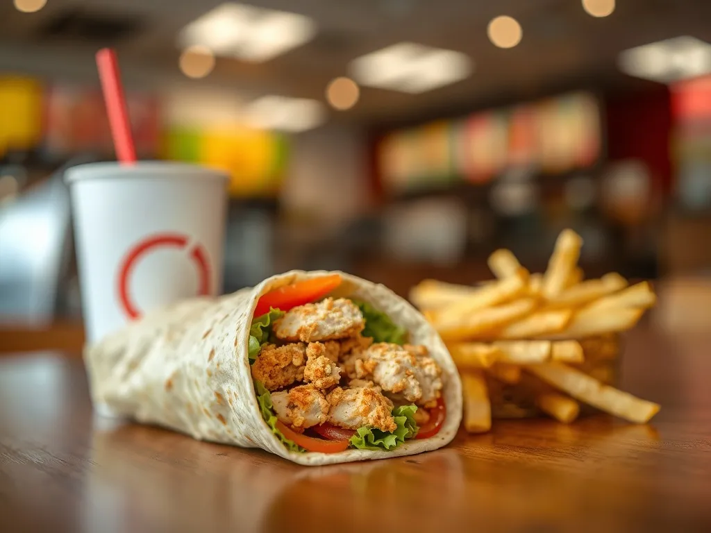 McWrap z kurczakiem z frytkami i napojem na stole w restauracji fast food, ilustracja zestawu i jego ceny w McDonald's