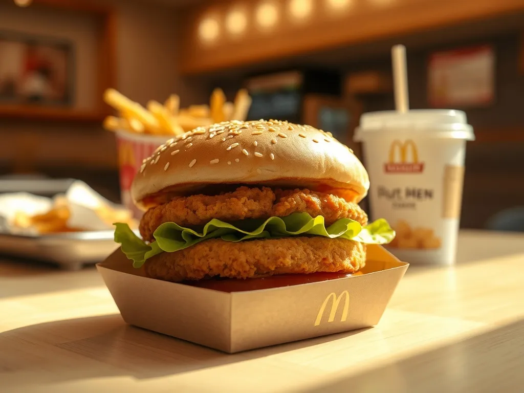 Zbliżenie kanapki McChicken w pudełku na stoliku, w tle frytki i napój w przytulnym wnętrzu McDonald’s.