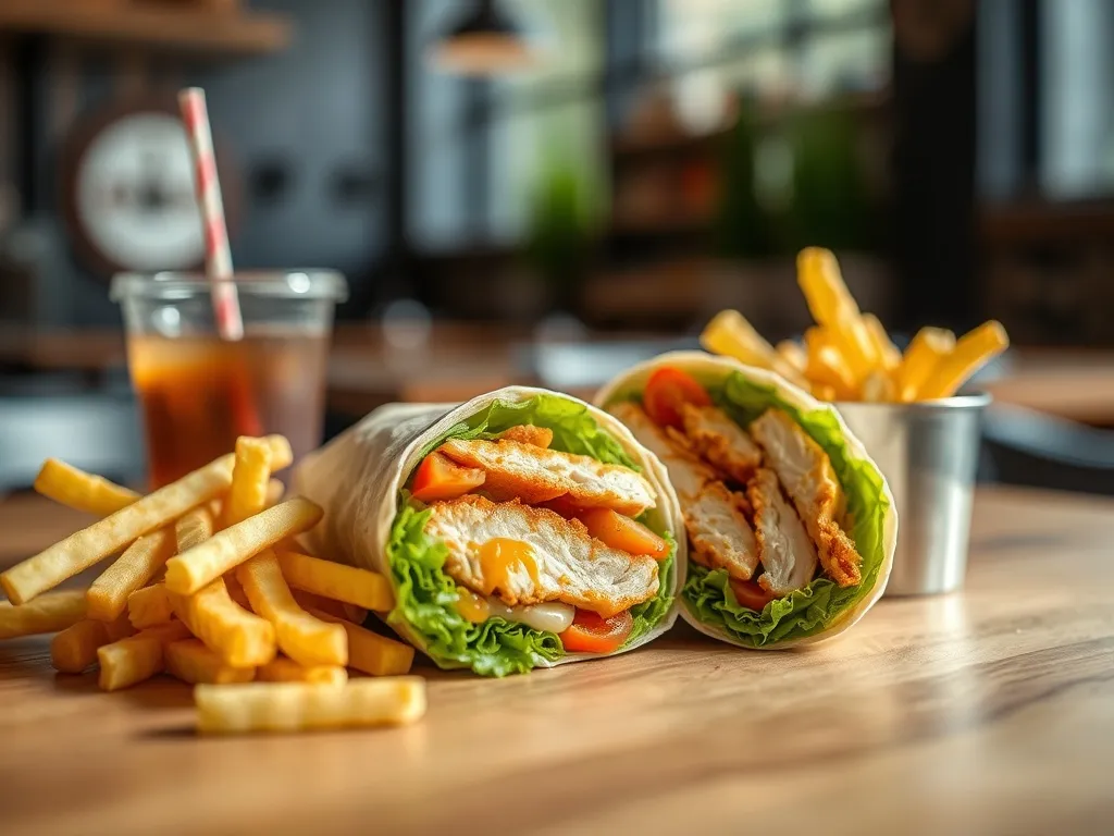 Twister KFC przecięty na pół z widocznym kurczakiem i warzywami, obok frytki i napój, zachęcające ujęcie posiłku