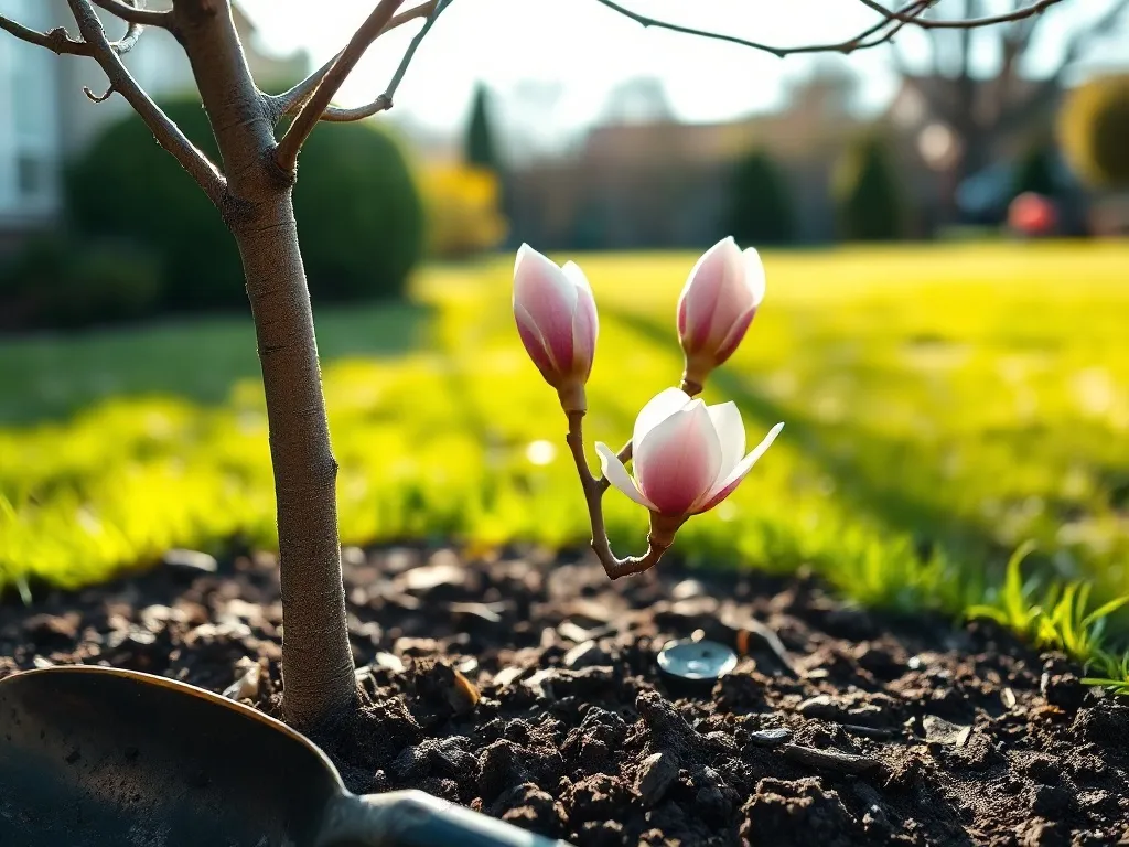 Młoda magnolia z różowo-białymi pąkami wiosną, posadzona w ogrodzie; obok w wilgotnej ziemi leży mała łopatka ogrodnicza.