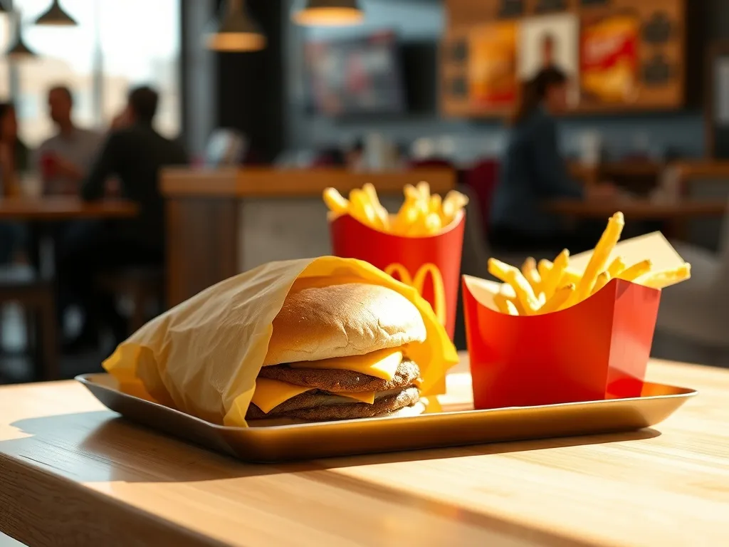Zestaw 2 for U w McDonald’s: dwa burgery w żółtym papierze i średnie frytki na tacy w jasnej restauracji.