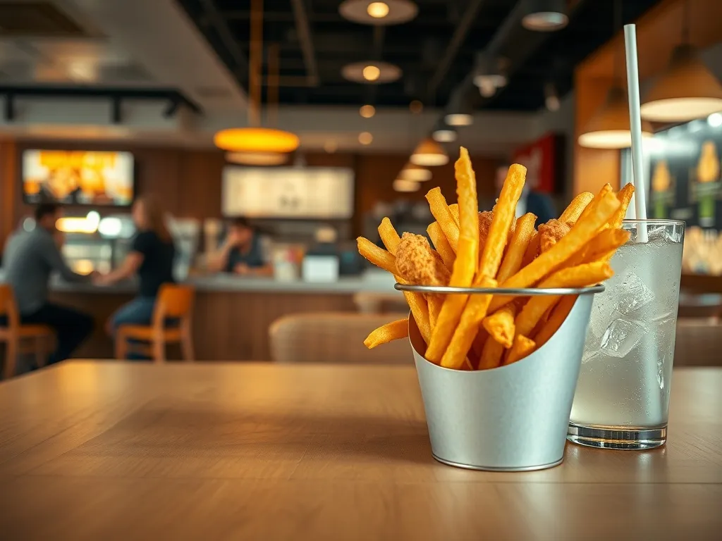 Chrupiący kubełek kurczaka z frytkami i napojem w przytulnym wnętrzu nowoczesnej restauracji fast food KFC