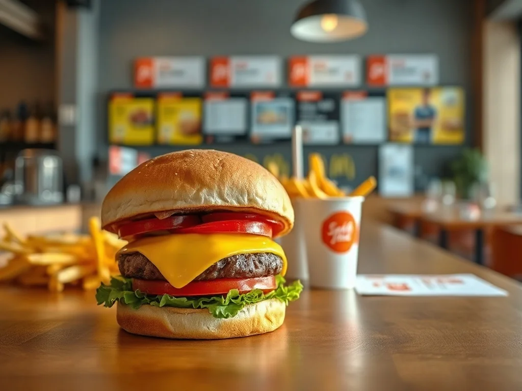 Cheeseburger z frytkami i napojem w jasnej restauracji typu fast food, ilustrujący przykład zestawu i jego cenę.
