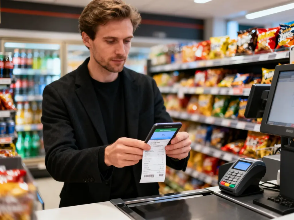 Mężczyzna przy kasie w sklepie typu convenience trzyma paragon, co ilustruje proces płatności za zakupy.