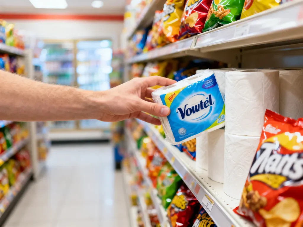 Dłoń sięgająca po paczkę papieru toaletowego na półce w sklepie typu convenience.