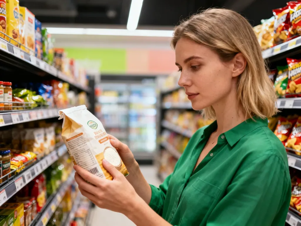 Kobieta w sklepie typu Żabka czyta etykietę na opakowaniu mąki, sprawdzając skład produktu.