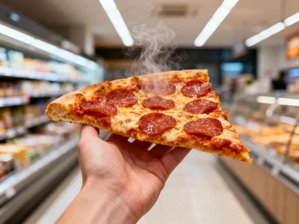 Gorący kawałek pizzy pepperoni trzymany w dłoni na tle wnętrza sklepu Żabka.