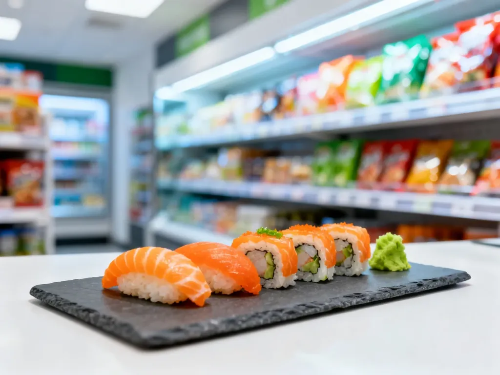 Świeży zestaw sushi podany na kamiennym talerzu w sklepie Żabka. Profesjonalne zdjęcie prezentujące ofertę przekąsek.