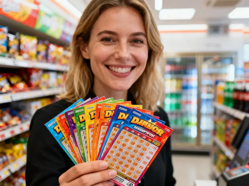Uśmiechnięta kobieta trzymająca w rękach kolorowe zdrapki wewnątrz sklepu typu convenience.