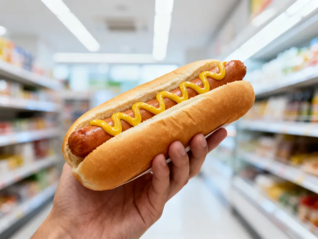 Świeżo przygotowany hot dog z musztardą trzymany w dłoni na tle wnętrza sklepu Żabka.