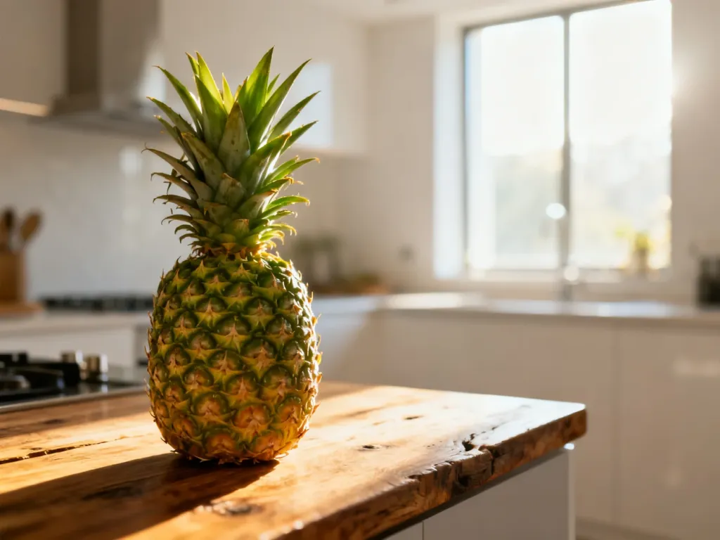 Świeży ananas na drewnianym blacie kuchennym w słonecznej, nowoczesnej kuchni.