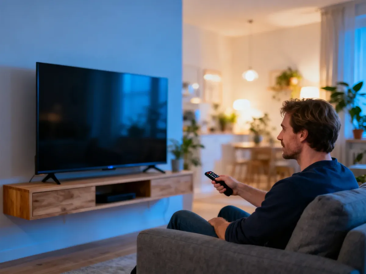 Mężczyzna siedzący na kanapie przed dużym telewizorem 75 cali w nowoczesnym salonie.