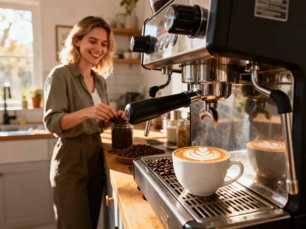 Filiżanka świeżej kawy z latte art na tle profesjonalnego ekspresu w nowoczesnej kuchni.