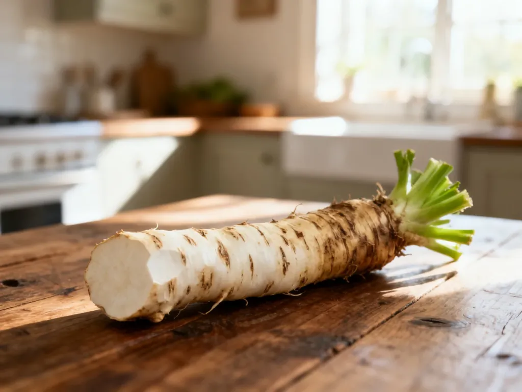 Świeży korzeń chrzanu leżący na drewnianym stole w jasnej kuchni. Obraz ilustruje naturalny produkt przed przechowywaniem.