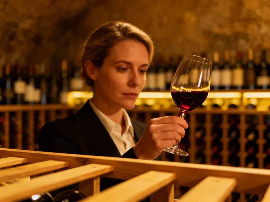Sommelierka oceniająca wino w piwniczce z odpowiednimi warunkami przechowywania butelek.