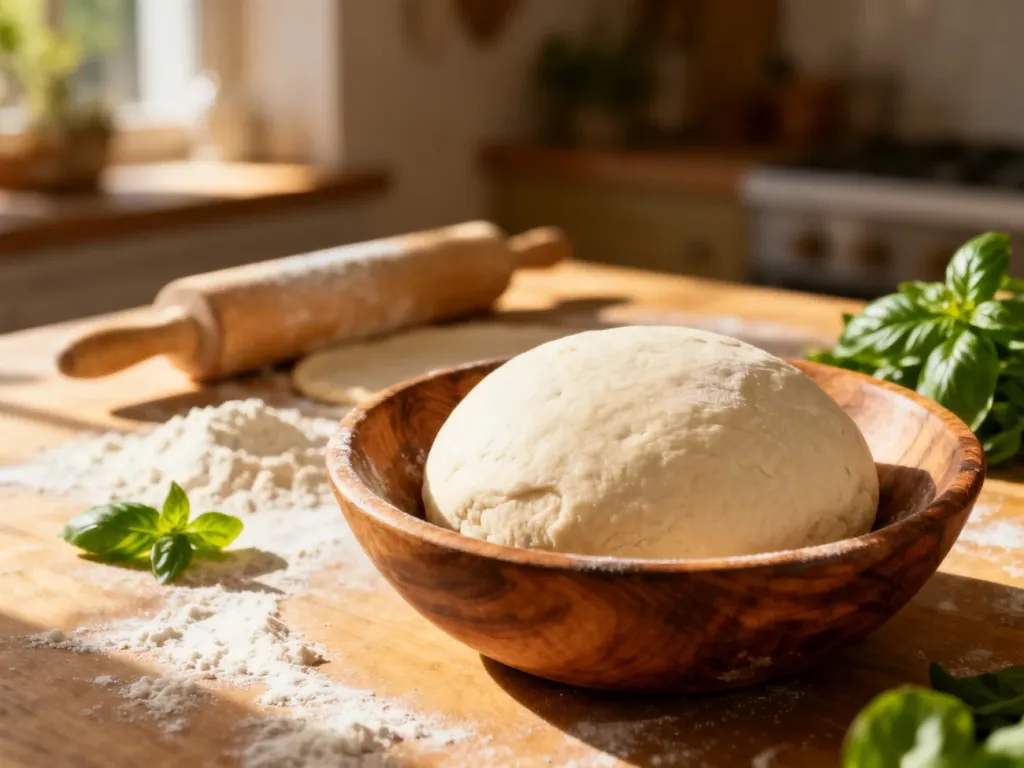 Kulka surowego ciasta na pizzę w drewnianej misce na kuchennym blacie z mąką i świeżą bazylią.