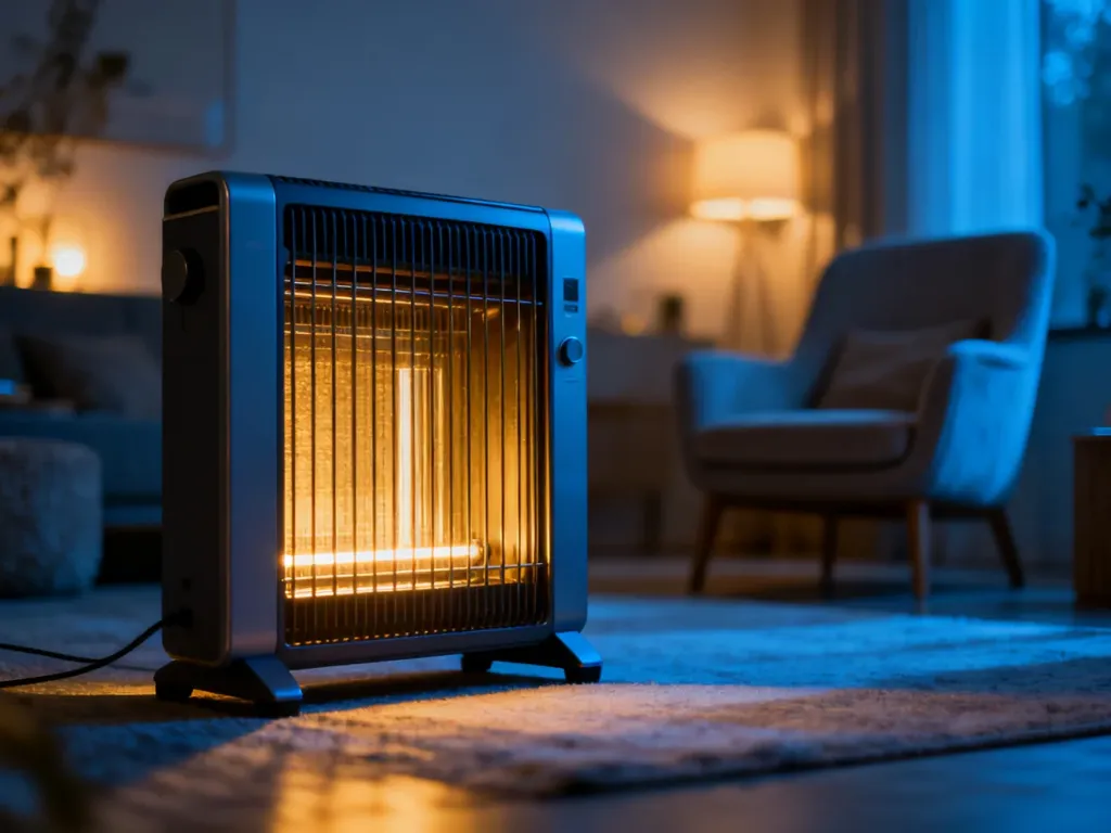 Nowoczesny grzejnik elektryczny w przytulnym salonie, podkreślający połączenie energooszczędności z komfortem cieplnym.