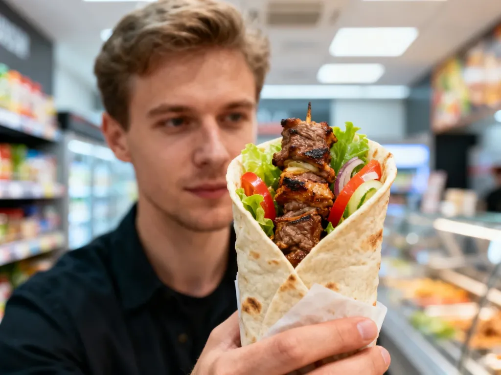 Apetyczny kebab w tortilli trzymany w dłoni na tle wnętrza sklepu Żabka.