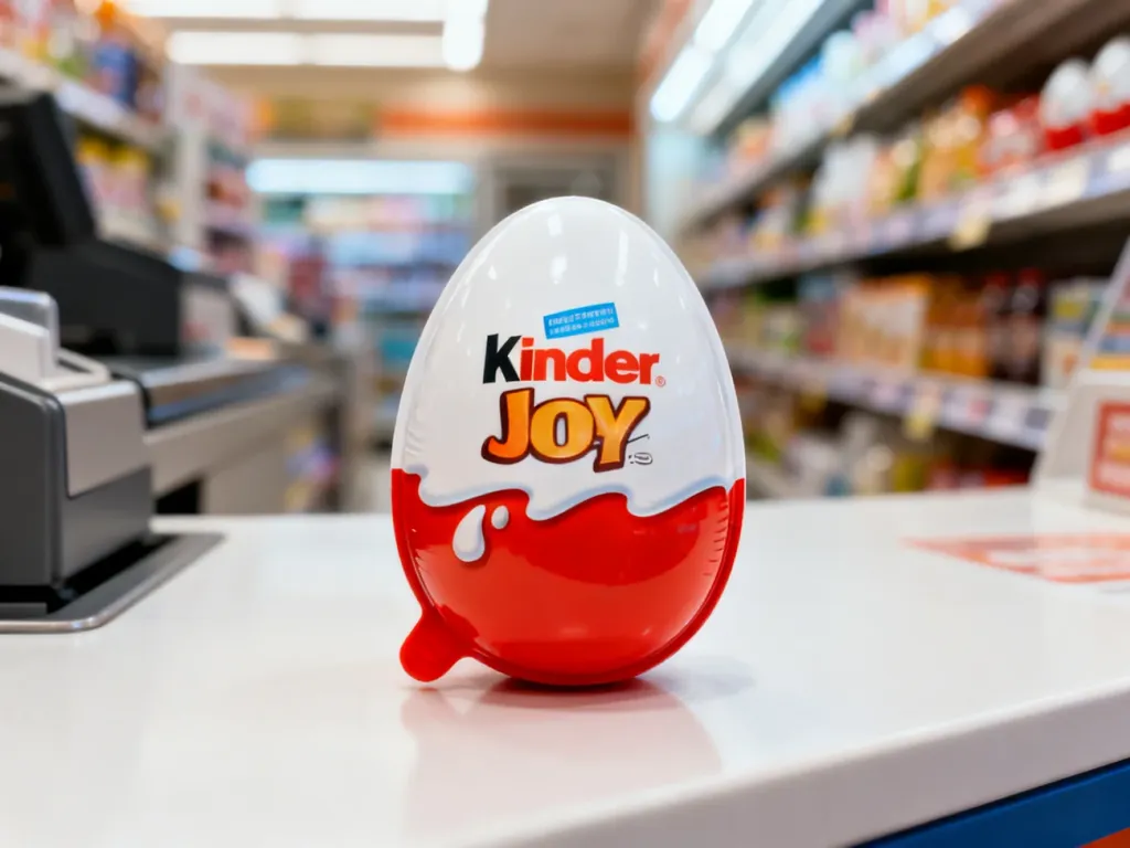 Kinder Joy na ladzie sklepowej w Żabce, wyeksponowany w jasnym, nowoczesnym wnętrzu sklepu.
