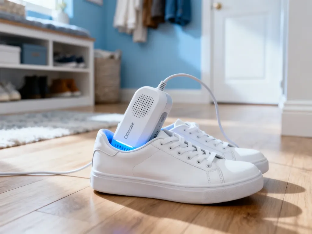 Nowoczesna suszarka do butów z funkcją ozonowania umieszczona wewnątrz białych sneakersów na drewnianej podłodze.