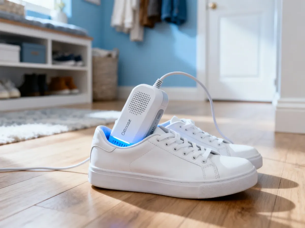 Nowoczesna suszarka do butów z funkcją ozonowania umieszczona wewnątrz białych sneakersów na drewnianej podłodze.
