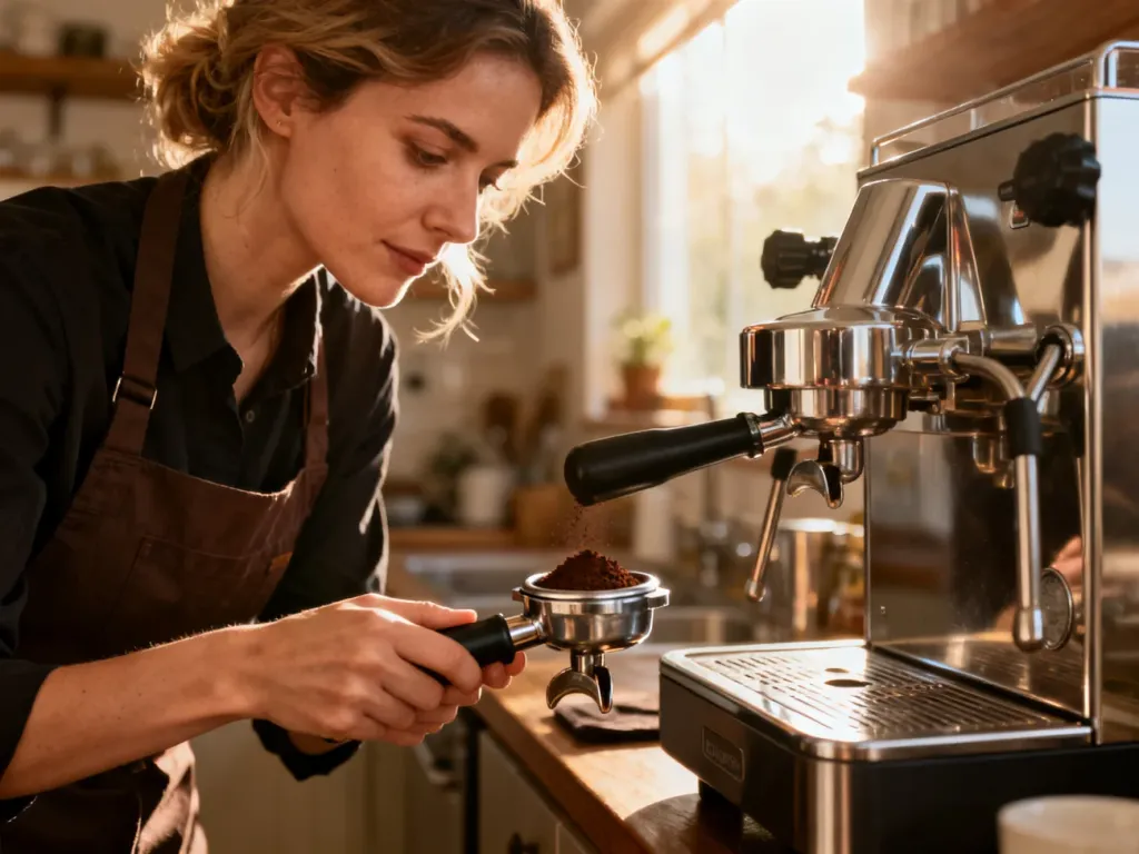 Barista ubijająca kawę w kolbie przy nowoczesnym ekspresie ciśnieniowym w przytulnej kuchni.