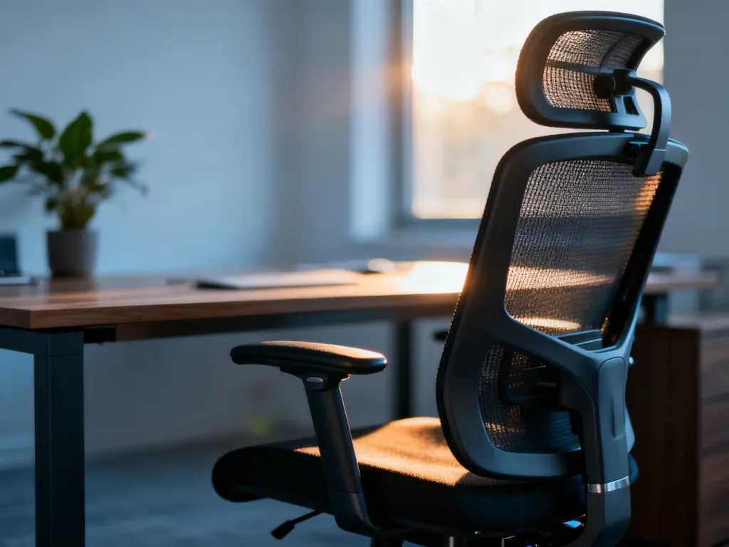 Nowoczesny fotel ergonomiczny z siatkowym oparciem w jasnym, minimalistycznym biurze domowym.
