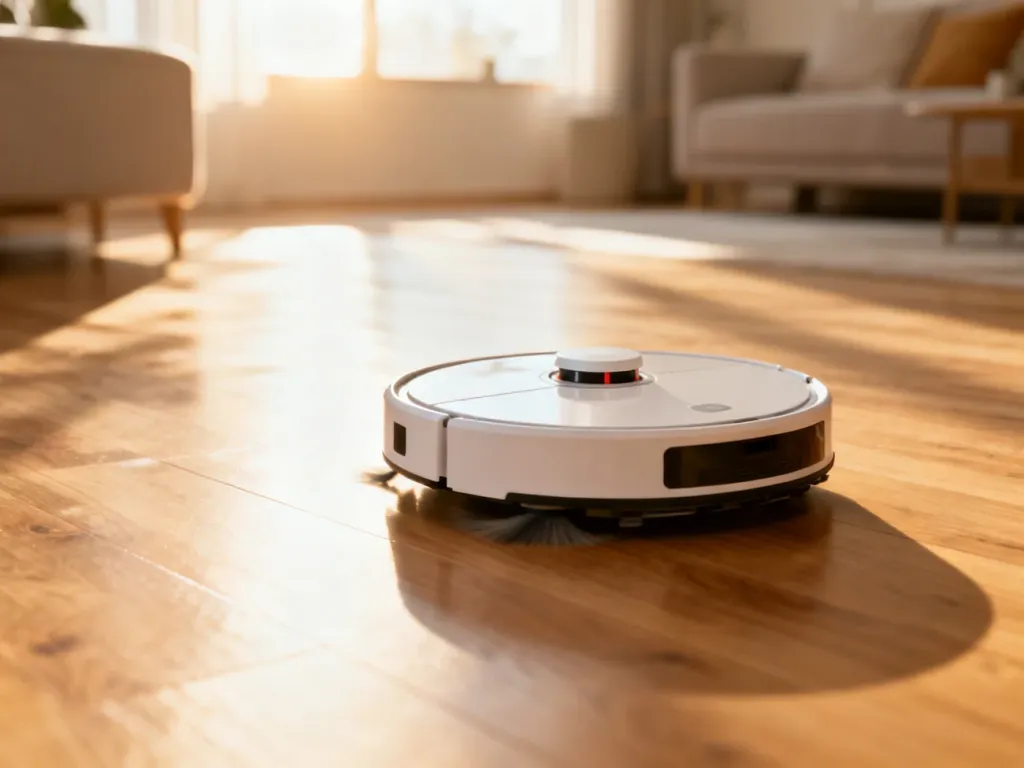 Nowoczesny robot sprzątający poruszający się po czystej drewnianej podłodze w słonecznym salonie.