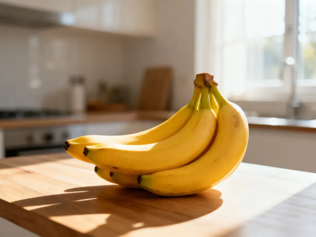 Kiść świeżych, żółtych bananów leżąca na drewnianym blacie kuchennym w słonecznej kuchni.