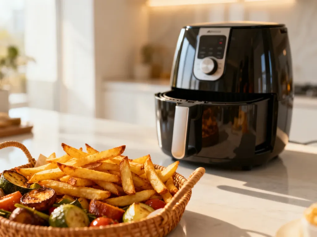 Nowoczesny airfryer na kuchennym blacie z koszykiem pełnym chrupiących frytek i pieczonych warzyw.