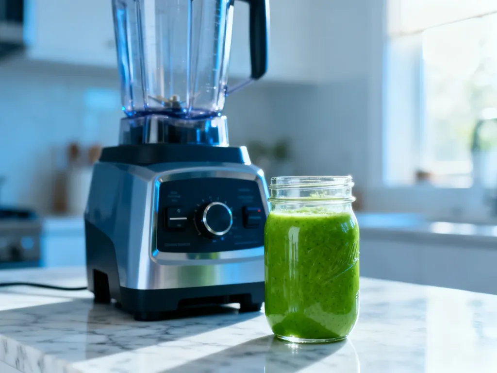 Nowoczesny blender kielichowy na marmurowym blacie z przygotowanym zielonym smoothie w szklanym dzbanku.