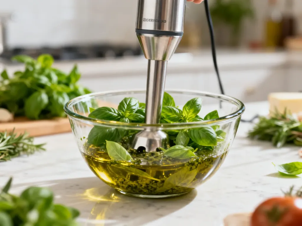 Nowoczesny blender ręczny miksujący świeżą bazylię z oliwą w szklanej misce, ukazujący efektywność urządzenia w kuchni.