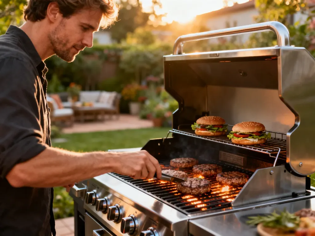 Mężczyzna przygotowuje burgery na nowoczesnym grillu gazowym w przydomowym ogrodzie podczas złotej godziny.