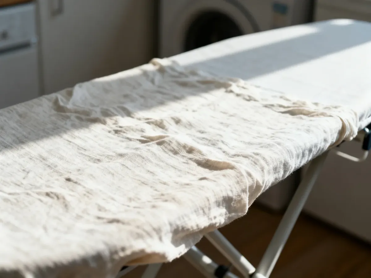 Zbliżenie na fakturę lnianego materiału z widocznymi zagnieceniami na desce do prasowania w świetle poranka.