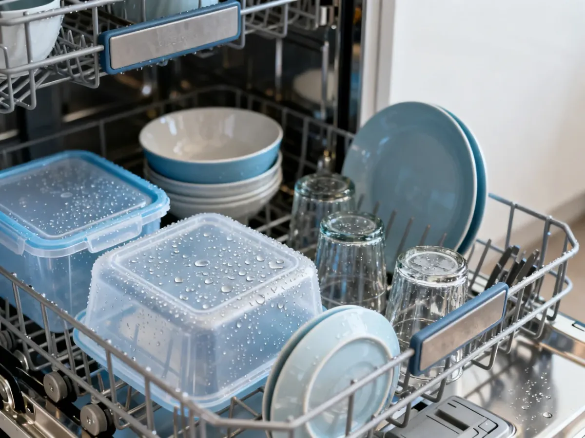 Otwartą zmywarkę z mokrymi naczyniami, szczególnie plastikowymi pojemnikami