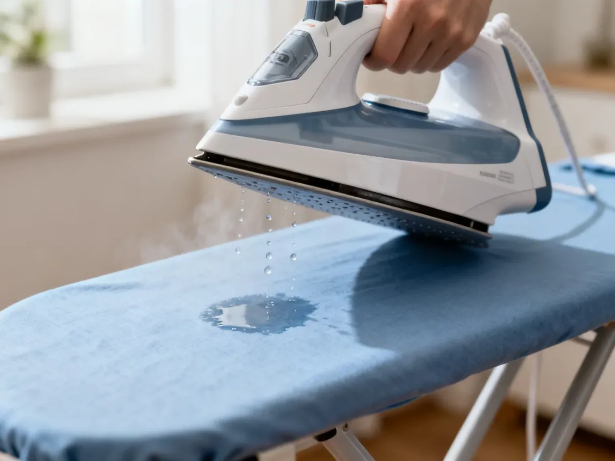 Żelazko z kroplami wody wydobywającymi się ze stopy nad deską do prasowania