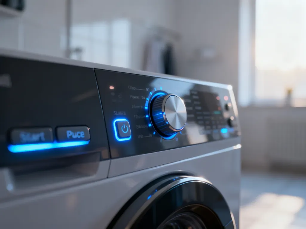 Panel sterowania pralki Electrolux z podświetlanymi przyciskami i pokrętłem wyboru programu w nowoczesnej pralni.