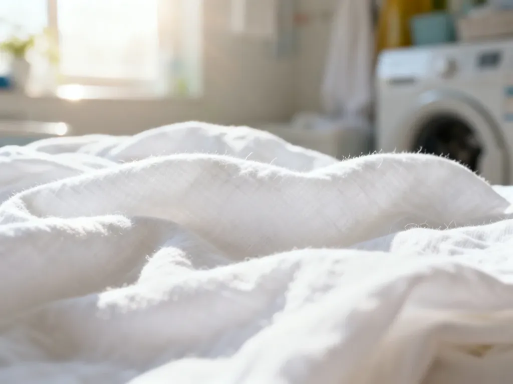 Zbliżenie na czystą, białą tkaninę bawełnianą w słonecznym świetle, podkreślające świeżość i higienę prania.