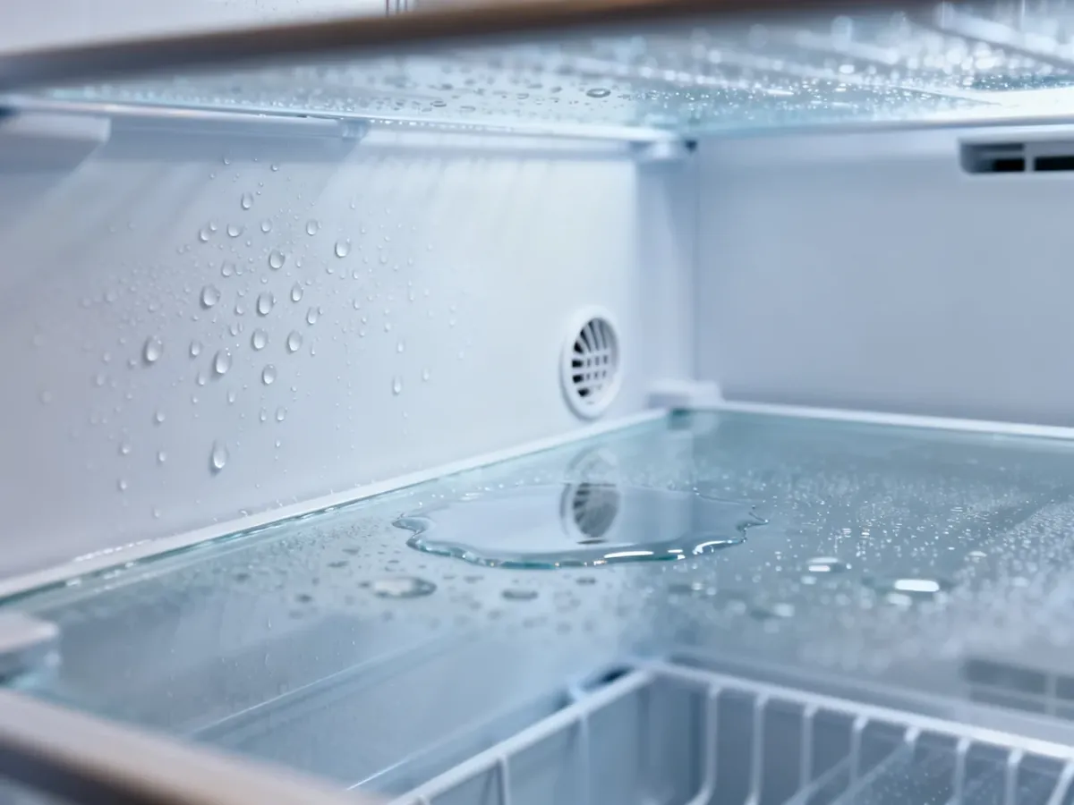 Woda zbierająca się przy otworze odpływowym na tylnej ścianie nowoczesnej lodówki.