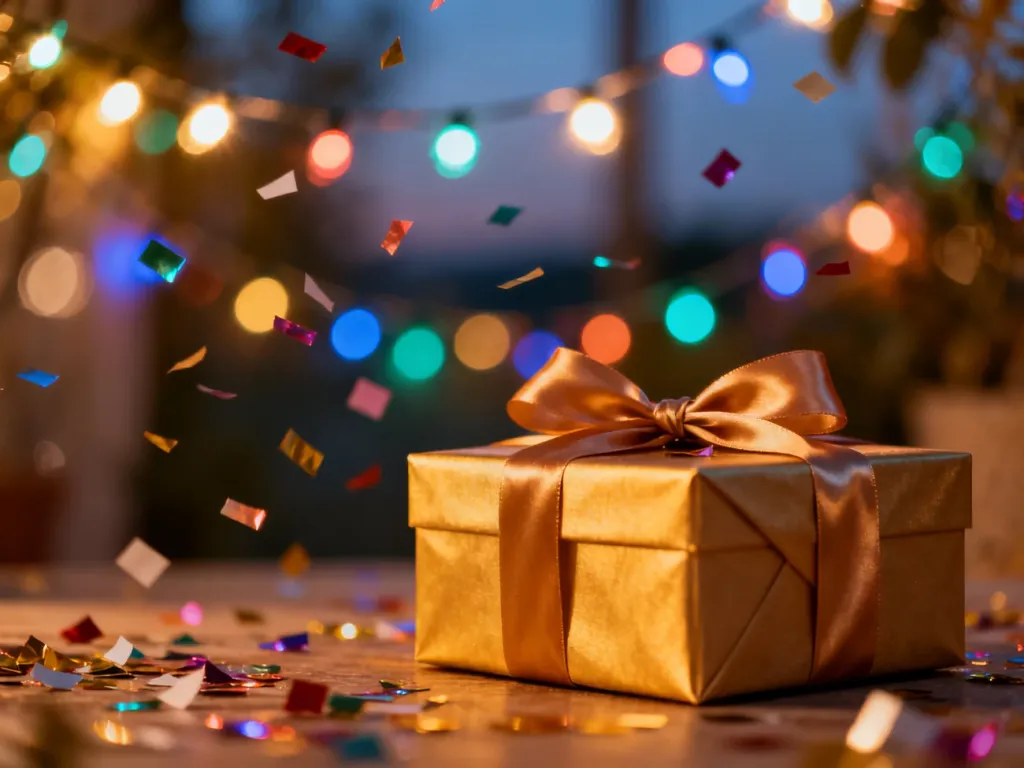 Elegancko zapakowany prezent na tle kolorowych światełek i konfetti, tworzący radosną, urodzinową atmosferę.